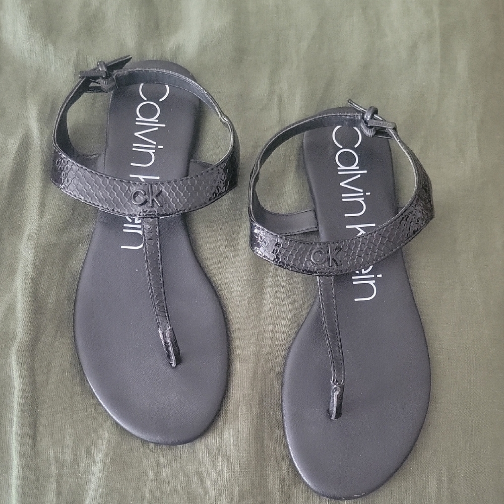 Calvin Klein Black T-Strap Sandals  New